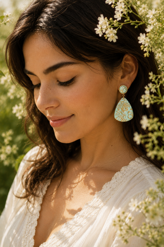 Green Gold Triangle Earrings | Polymer Clay & Stainless Steel | Botanical Statement Jewellery