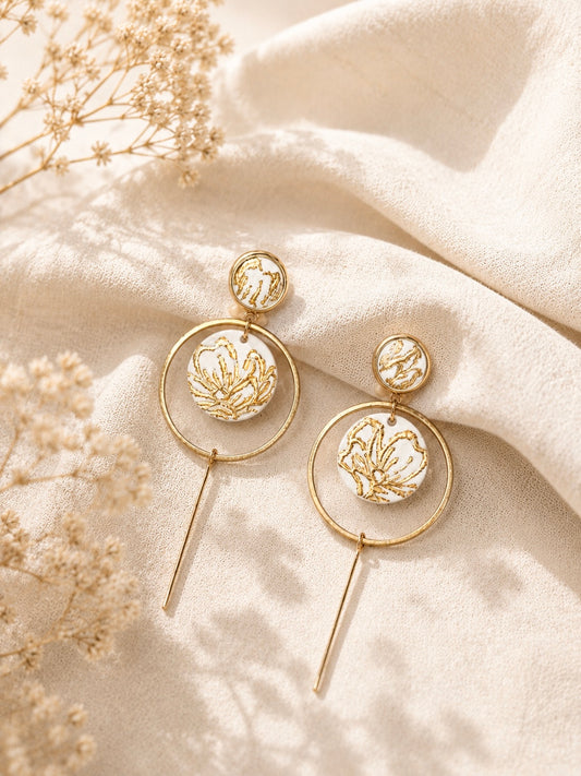 White & Gold Foiled Hoop Earrings | Polymer Clay & Stainless Steel | Botanical Statement Jewellery