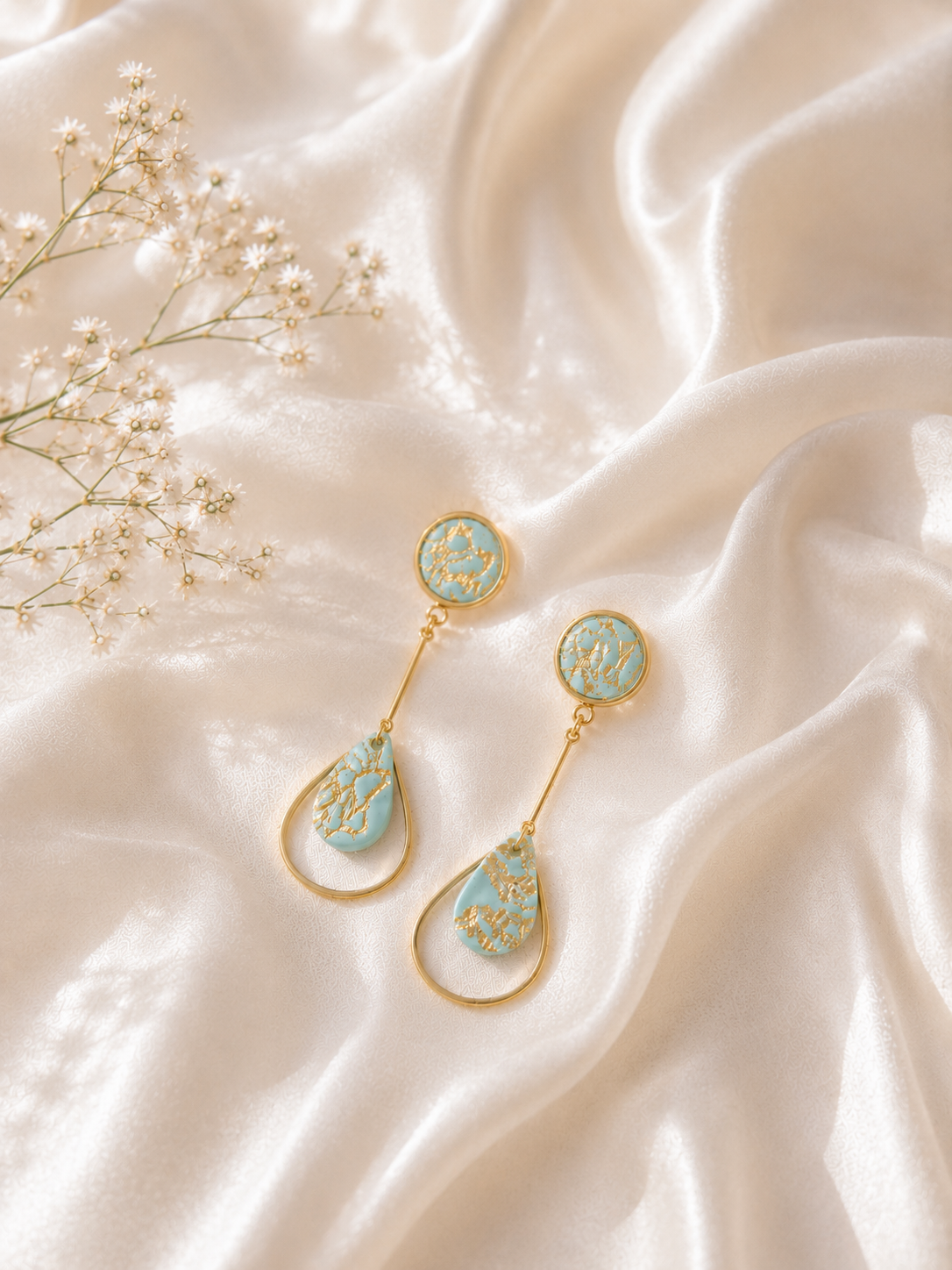 Green Gold Teardrop Earrings | Polymer Clay & Stainless Steel | Botanical Statement Jewellery