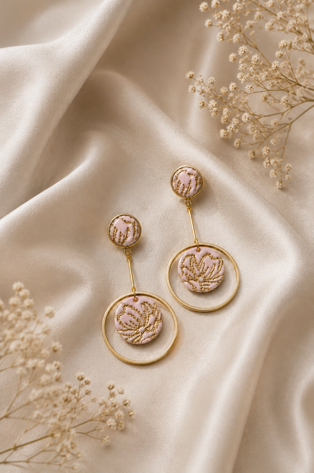 Rose Pink Gold Foiled Dangle Hoop Earrings | Polymer Clay & Stainless Steel | Botanical Statement Jewellery