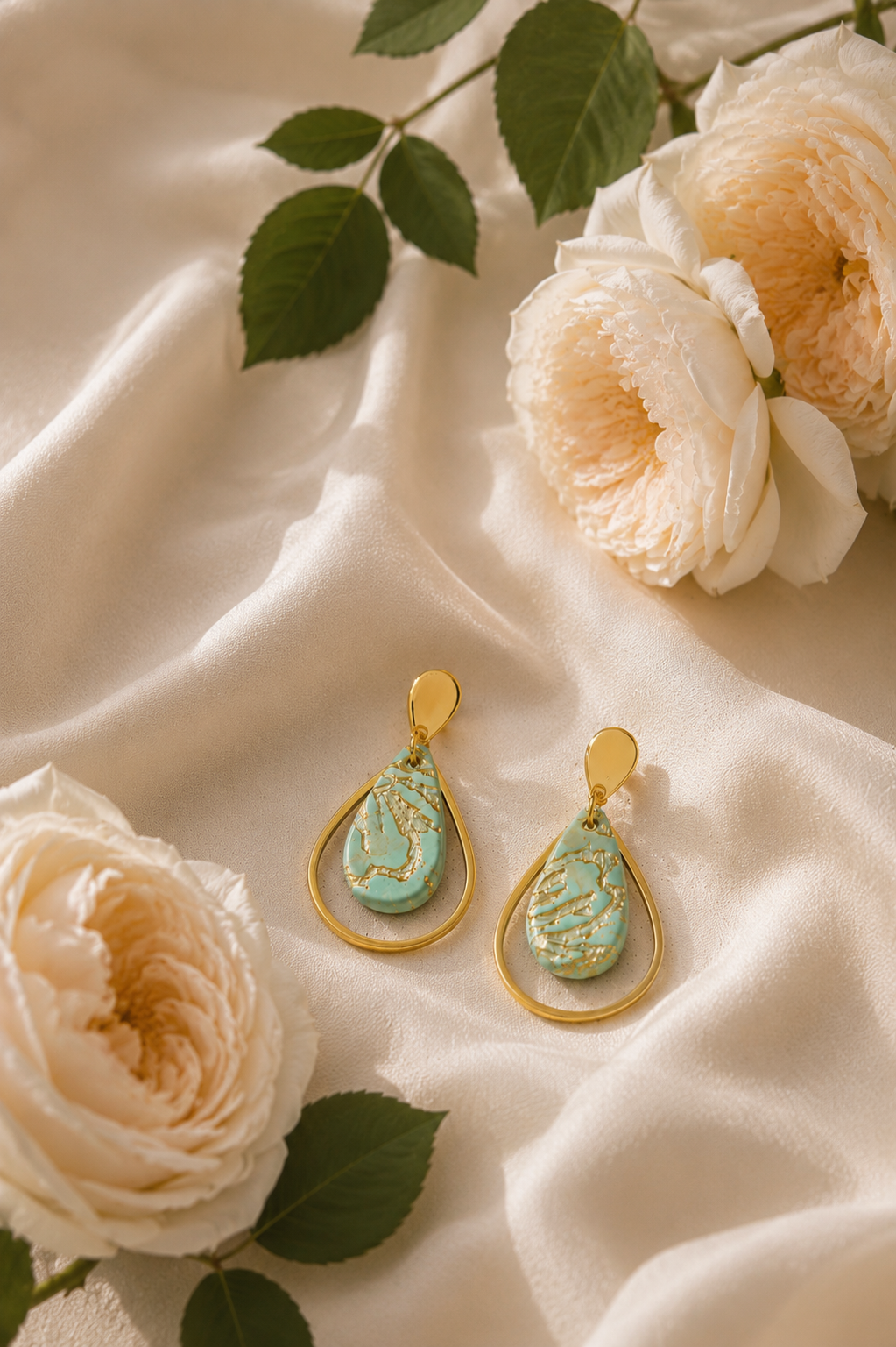 Dainty Green Gold Teardrop Clay Earrings | Polymer Clay & Stainless Steel | Botanical Statement Jewellery (Copy)