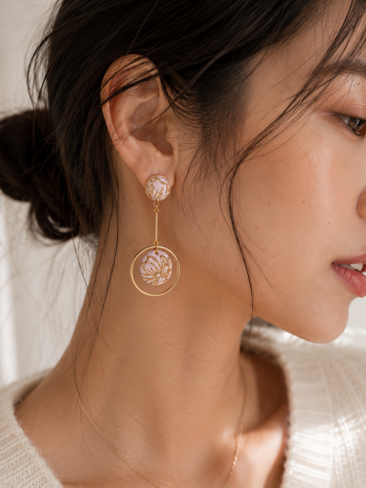 Rose Pink Gold Foiled Dangle Hoop Earrings | Polymer Clay & Stainless Steel | Botanical Statement Jewellery