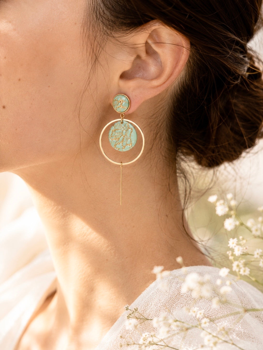 Green Gold Clay Hoop Earrings | Polymer Clay & Stainless Steel | Botanical Statement Jewellery
