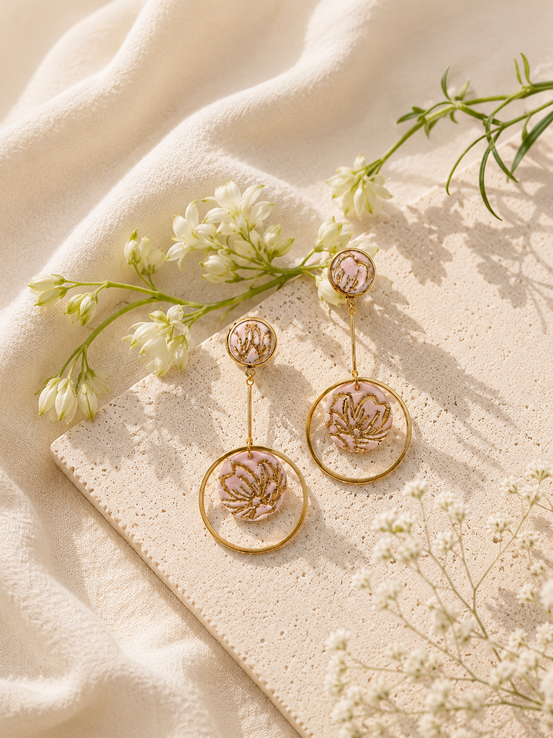 Rose Pink Gold Foiled Dangle Hoop Earrings | Polymer Clay & Stainless Steel | Botanical Statement Jewellery
