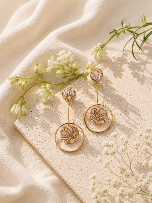 Rose Pink Gold Foiled Dangle Hoop Earrings | Polymer Clay & Stainless Steel | Botanical Statement Jewellery