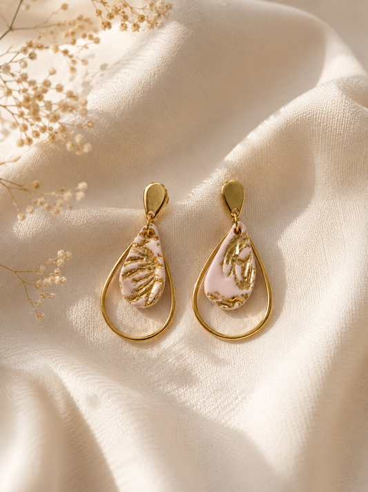 Dainty Rose Pink Gold Teardrop Clay Earrings | Polymer Clay & Stainless Steel | Botanical Statement Jewellery