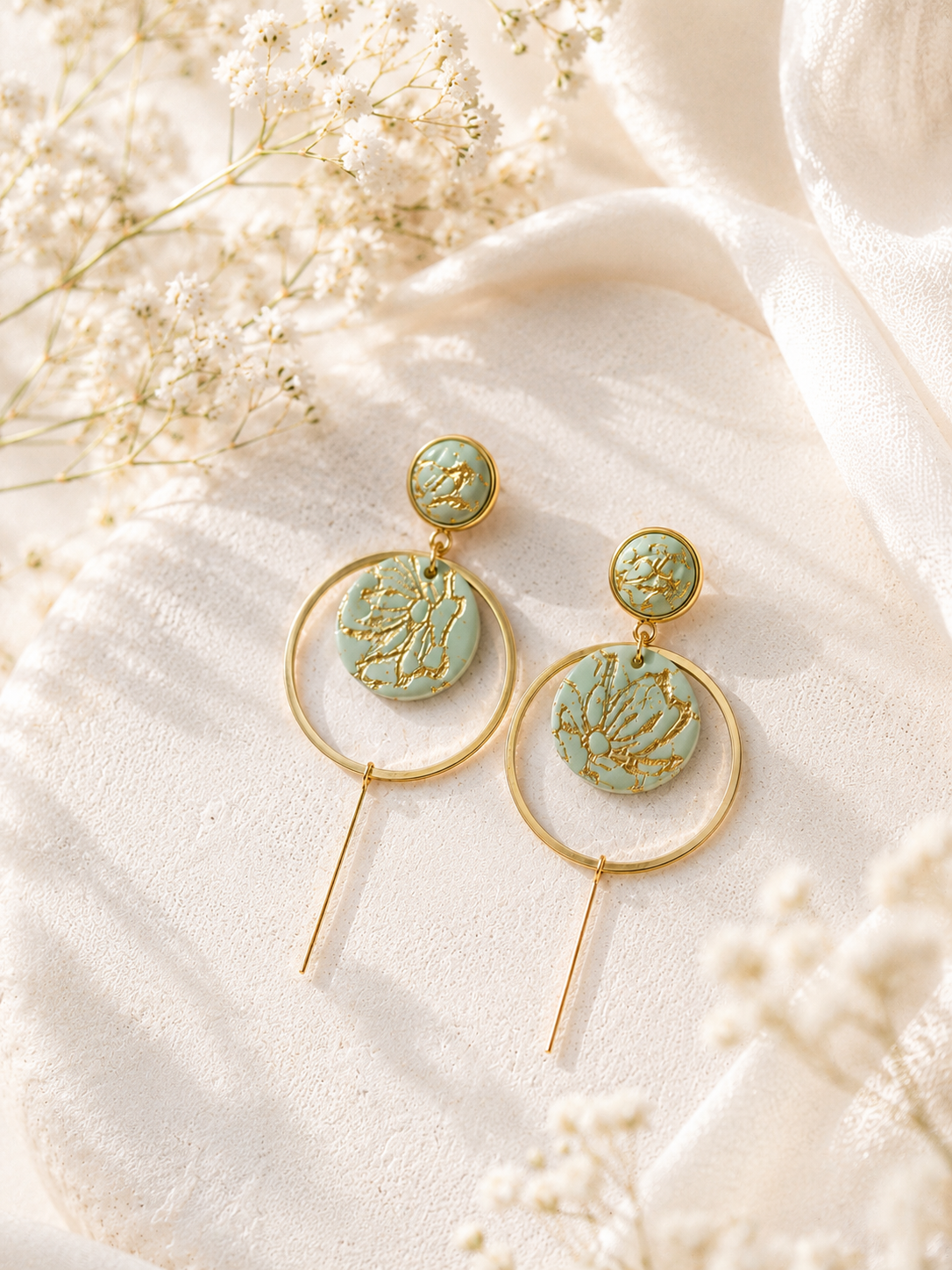 Green Gold Clay Hoop Earrings | Polymer Clay & Stainless Steel | Botanical Statement Jewellery