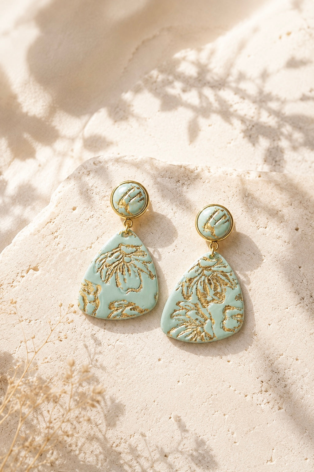 Green Gold Triangle Earrings | Polymer Clay & Stainless Steel | Botanical Statement Jewellery