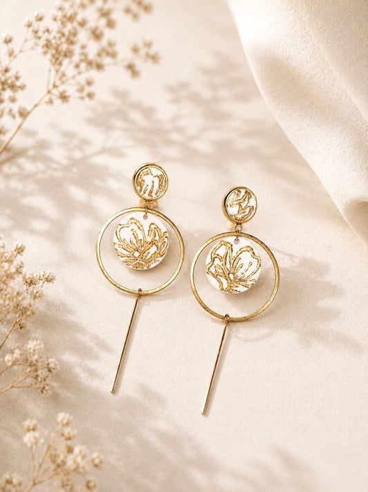 White & Gold Foiled Hoop Earrings | Polymer Clay & Stainless Steel | Botanical Statement Jewellery