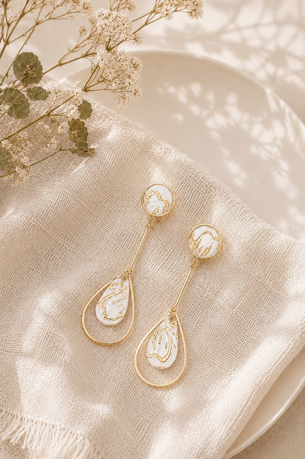 White & Gold Foiled Teardrop Earrings | Polymer Clay & Stainless Steel | Botanical Statement Jewellery