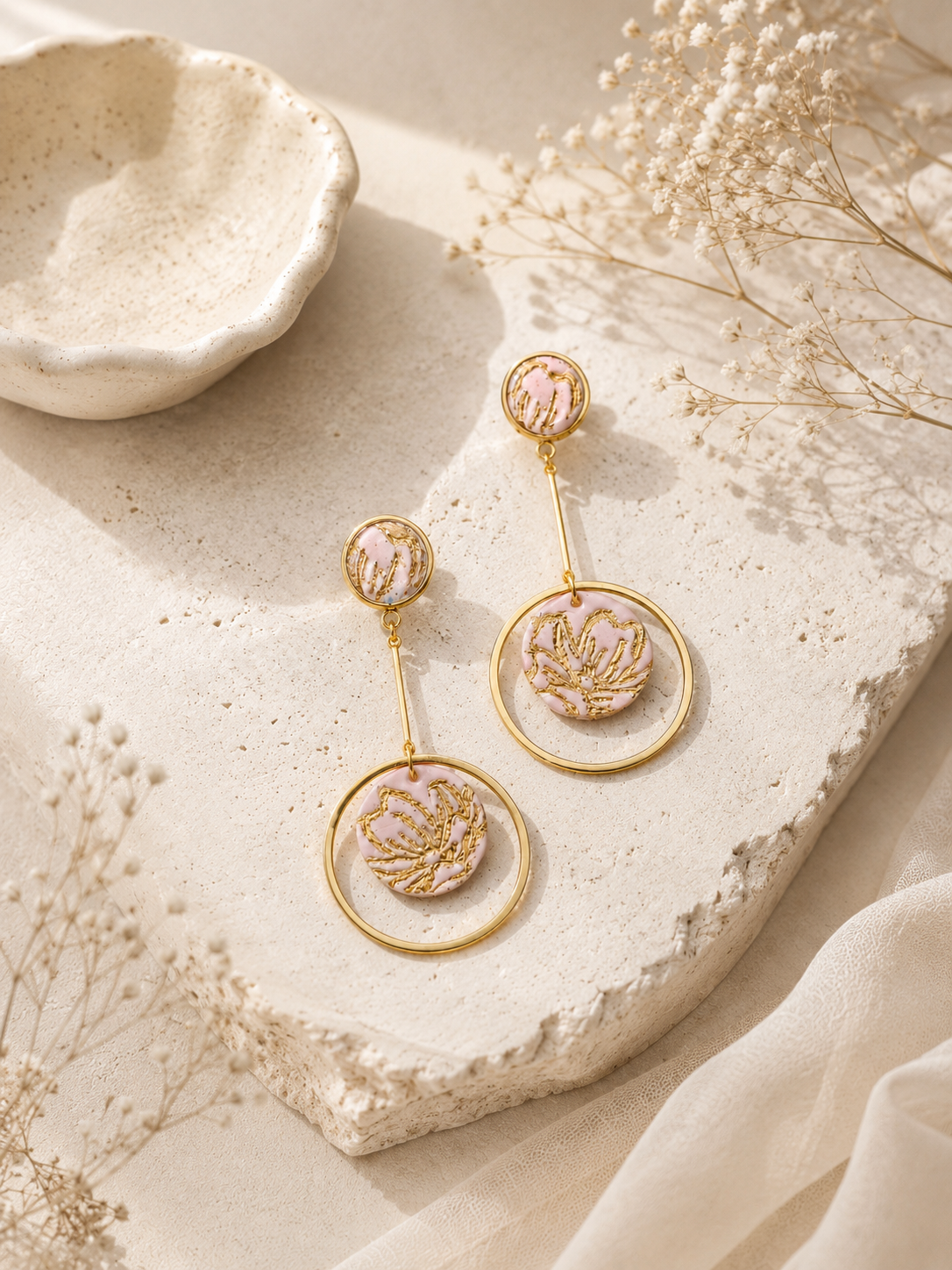 Rose Pink Gold Foiled Dangle Hoop Earrings | Polymer Clay & Stainless Steel | Botanical Statement Jewellery
