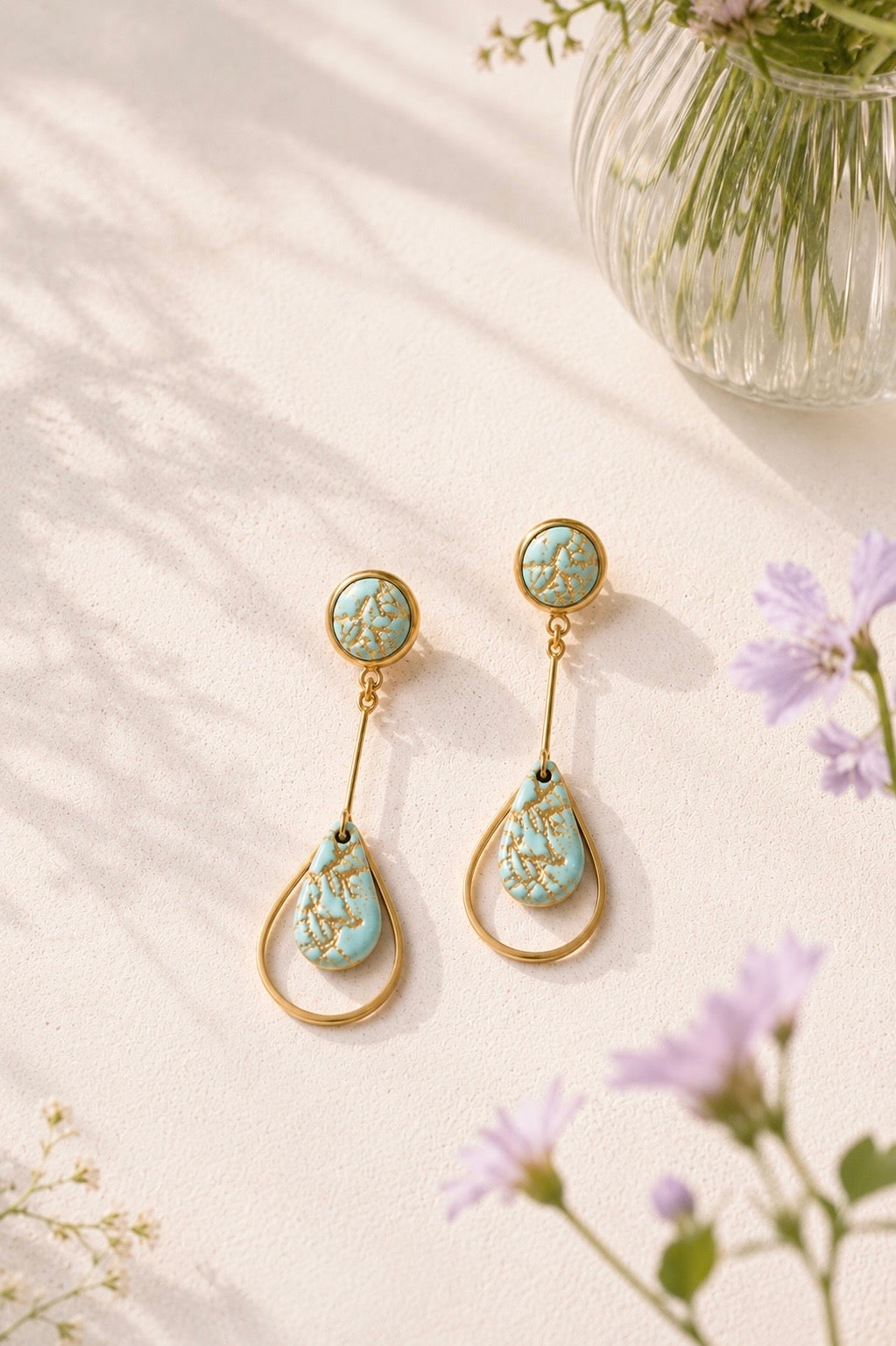 Green Gold Teardrop Earrings | Polymer Clay & Stainless Steel | Botanical Statement Jewellery