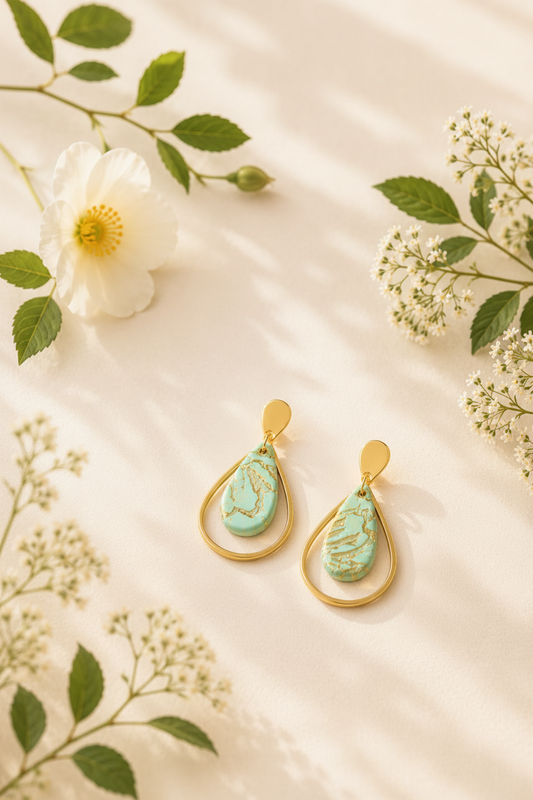 Dainty Green Gold Teardrop Clay Earrings | Polymer Clay & Stainless Steel | Botanical Statement Jewellery (Copy)