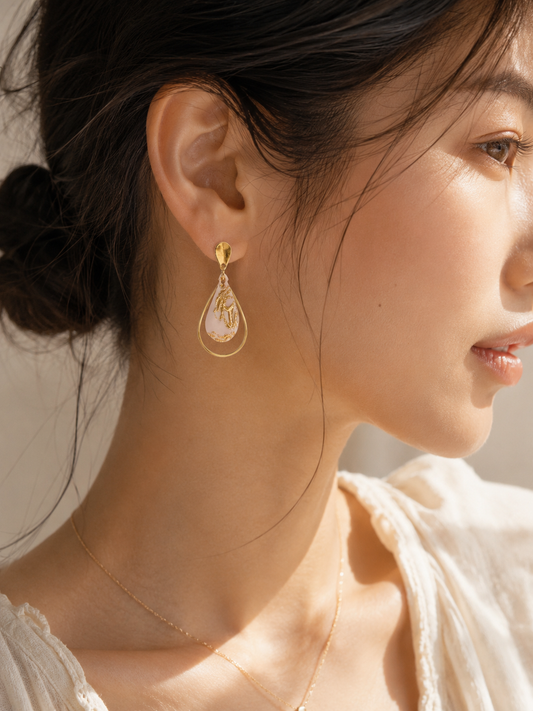 Dainty Rose Pink Gold Teardrop Clay Earrings | Polymer Clay & Stainless Steel | Botanical Statement Jewellery
