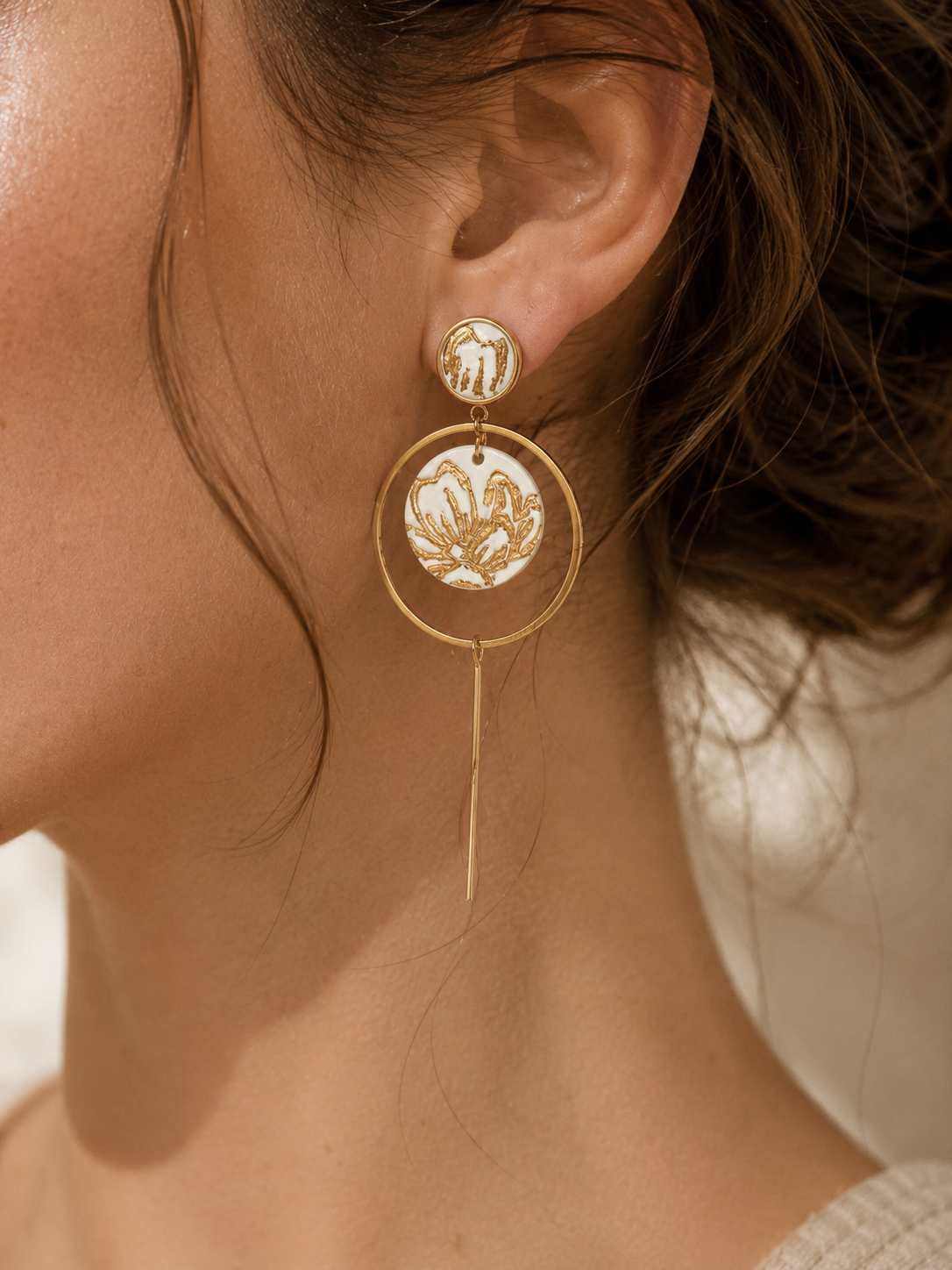 White & Gold Foiled Hoop Earrings | Polymer Clay & Stainless Steel | Botanical Statement Jewellery