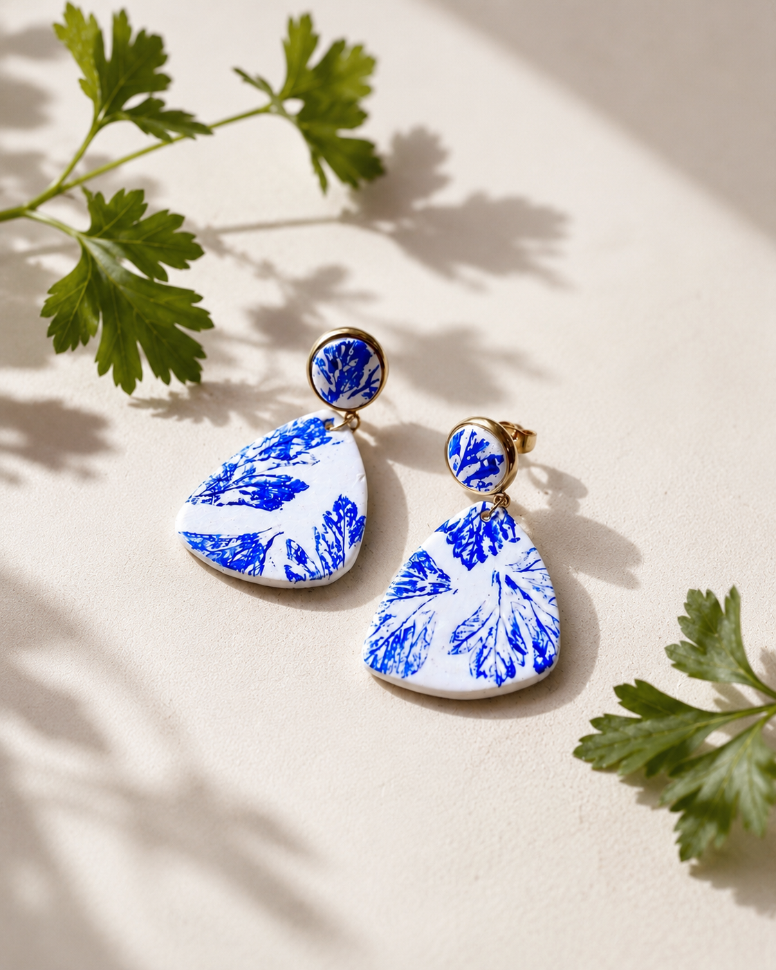 Parsley Leaf Triangle Earrings | Polymer Clay & Stainless Steel | Botanical Statement Jewellery