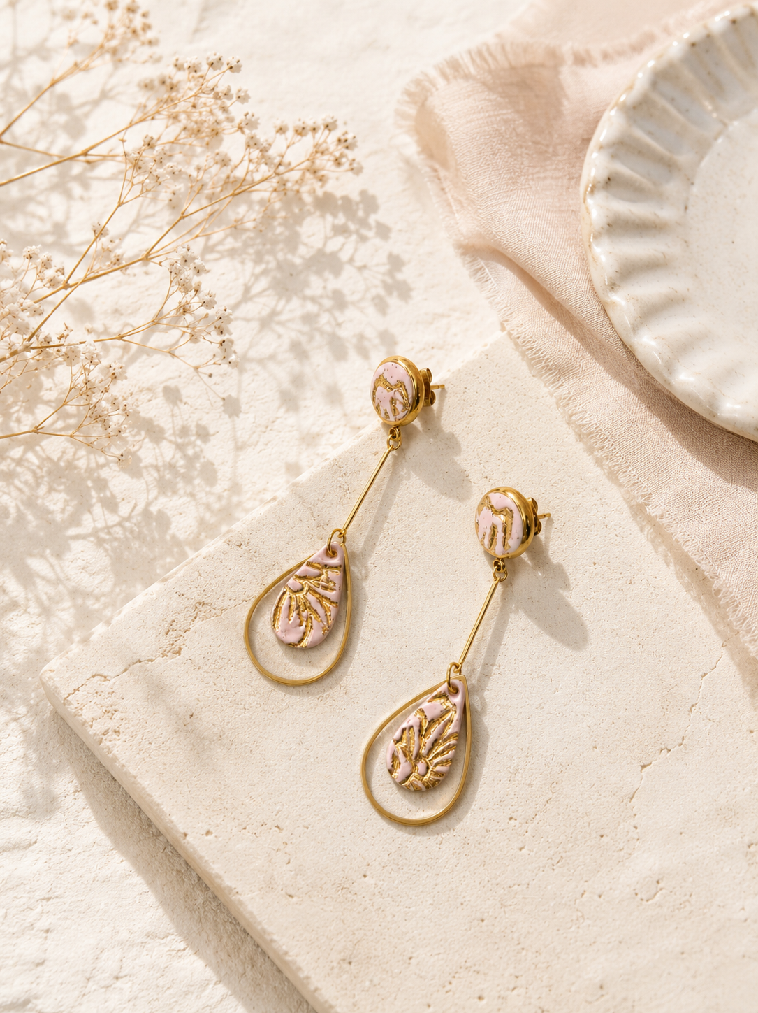 Rose Pink Gold Teardrop Earrings | Polymer Clay & Stainless Steel | Botanical Statement Jewellery