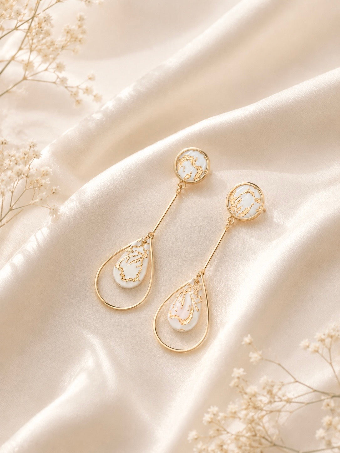 White & Gold Foiled Teardrop Earrings | Polymer Clay & Stainless Steel | Botanical Statement Jewellery