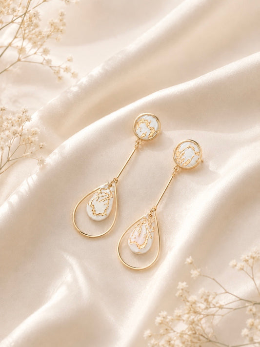 White & Gold Foiled Teardrop Earrings | Polymer Clay & Stainless Steel | Botanical Statement Jewellery