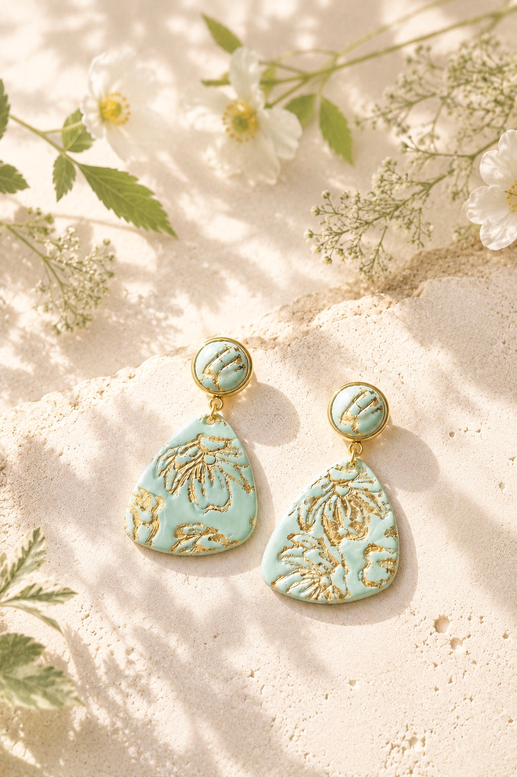 Green Gold Triangle Earrings | Polymer Clay & Stainless Steel | Botanical Statement Jewellery
