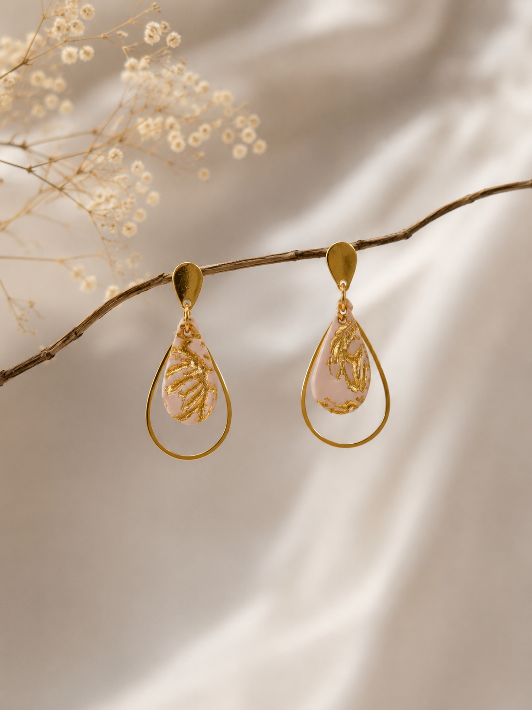 Dainty Rose Pink Gold Teardrop Clay Earrings | Polymer Clay & Stainless Steel | Botanical Statement Jewellery
