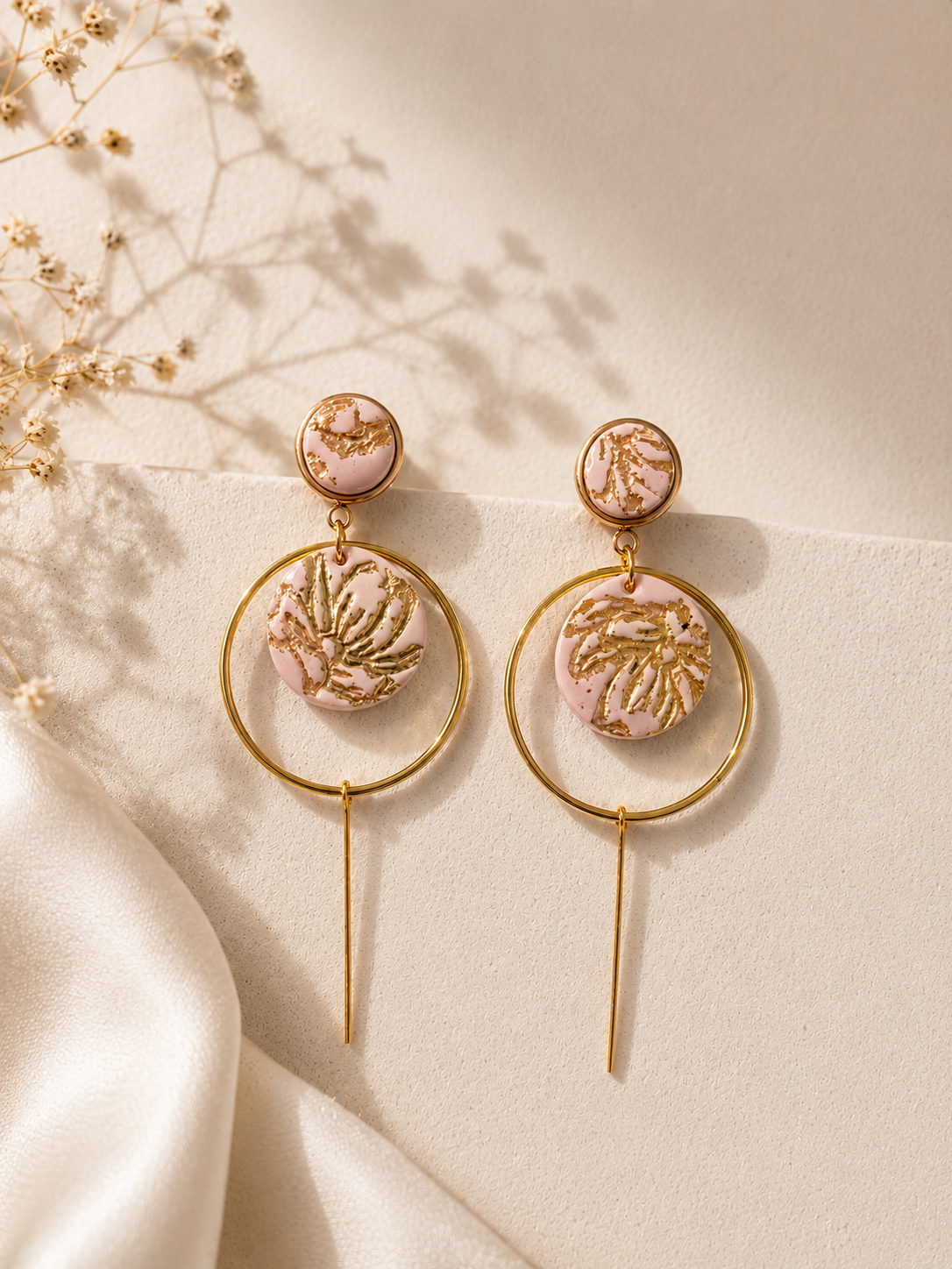 Rose Pink Foiled Hoop Earrings | Polymer Clay & Stainless Steel | Botanical Statement Jewellery
