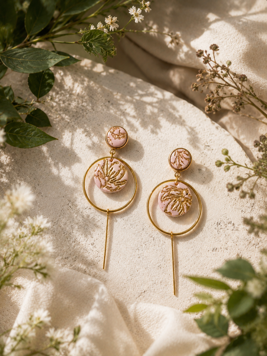 Rose Pink Foiled Hoop Earrings | Polymer Clay & Stainless Steel | Botanical Statement Jewellery