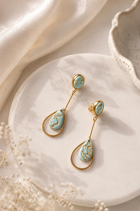 Green Gold Teardrop Earrings | Polymer Clay & Stainless Steel | Botanical Statement Jewellery