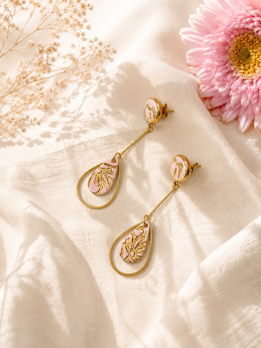 Rose Pink Gold Teardrop Earrings | Polymer Clay & Stainless Steel | Botanical Statement Jewellery