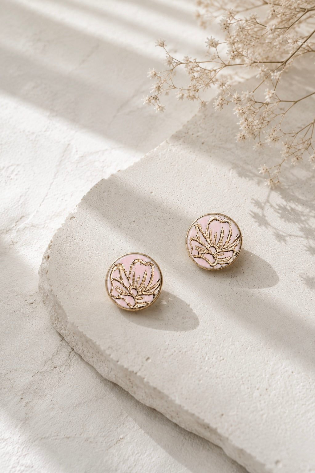 Dainty Rose Pink Gold Stud Clay Earrings | Polymer Clay & Stainless Steel | Botanical Statement Jewellery l