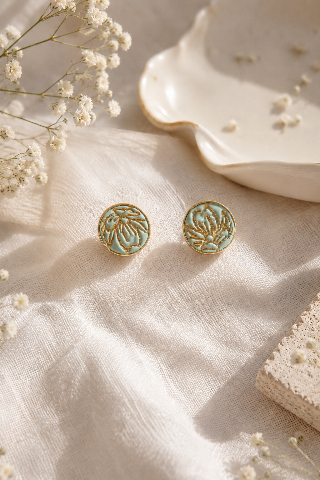 Green Gold Stud Clay Earrings | Polymer Clay & Stainless Steel | Botanical Statement Jewellery