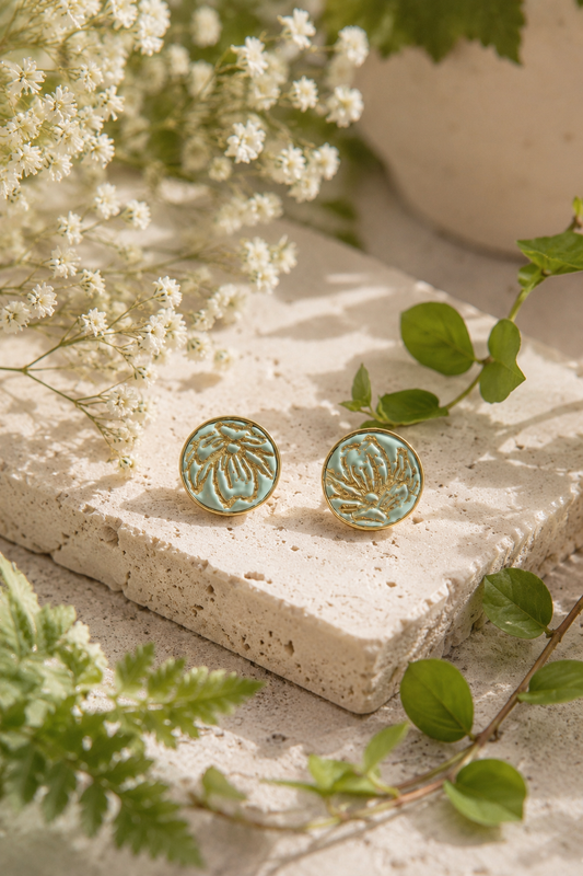 Green Gold Stud Clay Earrings | Polymer Clay & Stainless Steel | Botanical Statement Jewellery