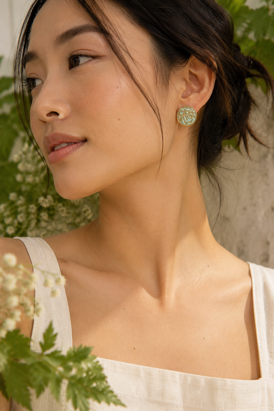 Green Gold Stud Clay Earrings | Polymer Clay & Stainless Steel | Botanical Statement Jewellery