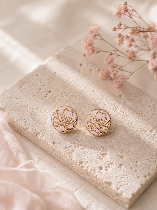 Dainty Rose Pink Gold Stud Clay Earrings | Polymer Clay & Stainless Steel | Botanical Statement Jewellery l