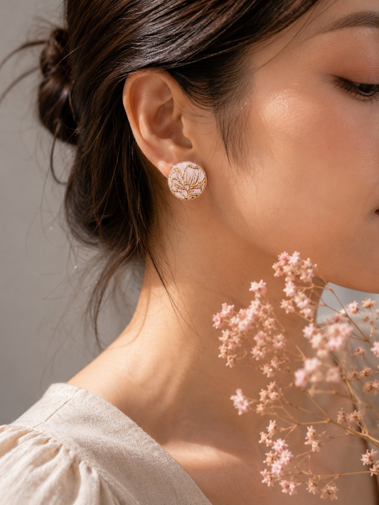 Dainty Rose Pink Gold Stud Clay Earrings | Polymer Clay & Stainless Steel | Botanical Statement Jewellery l